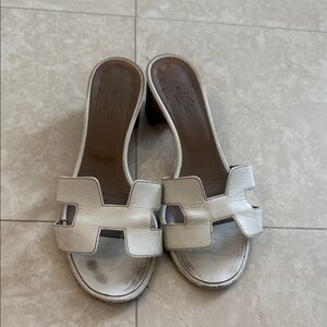 Hermes White Leather H Slide Mules